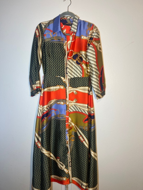 Zara Dresses & Skirts - Zara Viral Equestrian Scarf Print Chain-Print Button Up Midi Shirt Dress XS